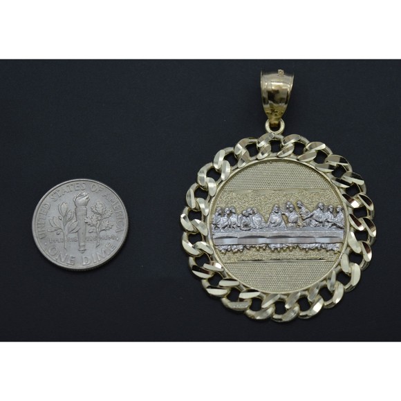 Real 10K Yellow Gold Last Supper Jesus Cuban Link Medallion Pendant 36.6mm 6.2gr - Picture 1 of 6